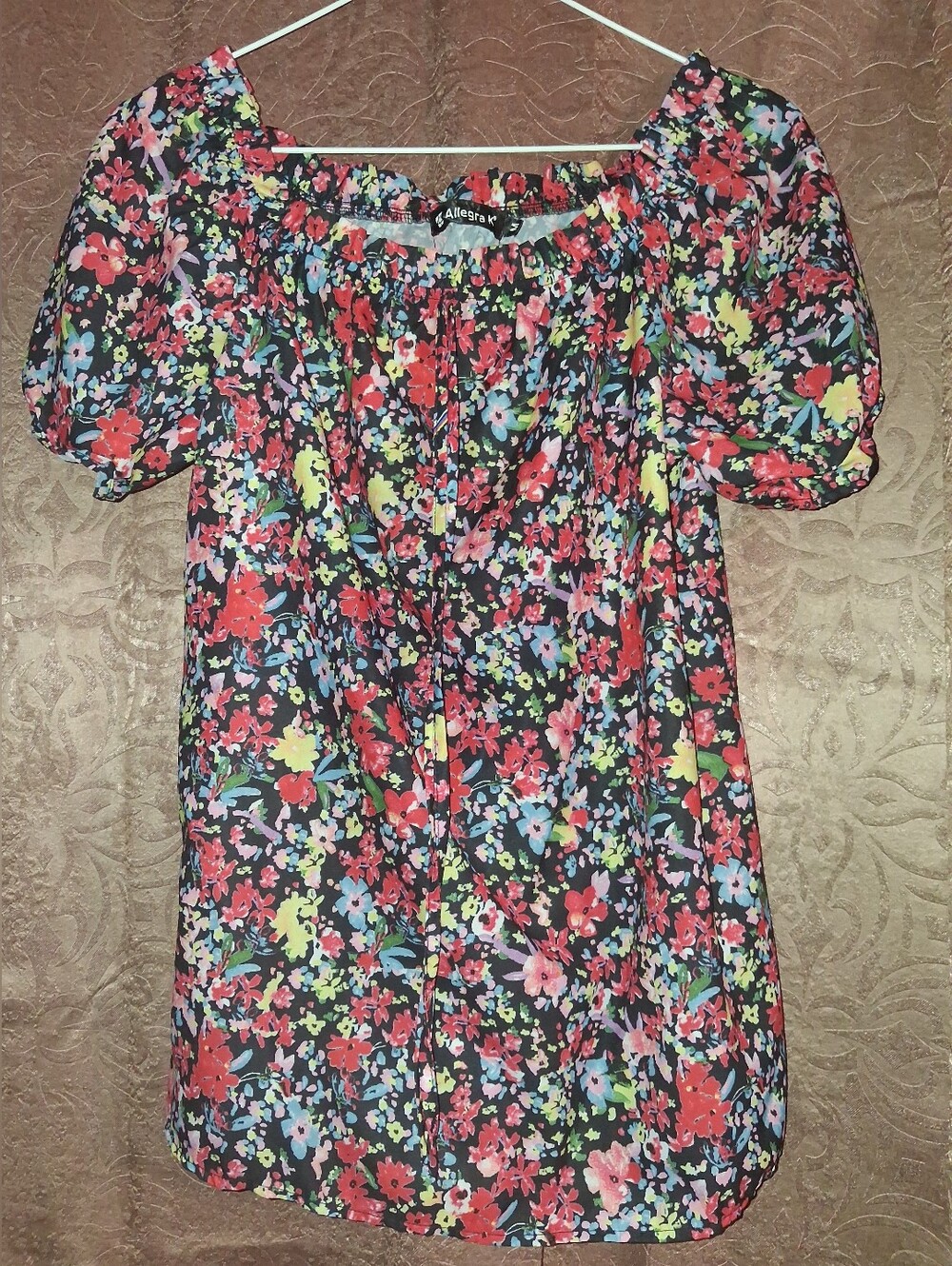 Allegra K Black Floral Puff-Sleeve Women's Top
